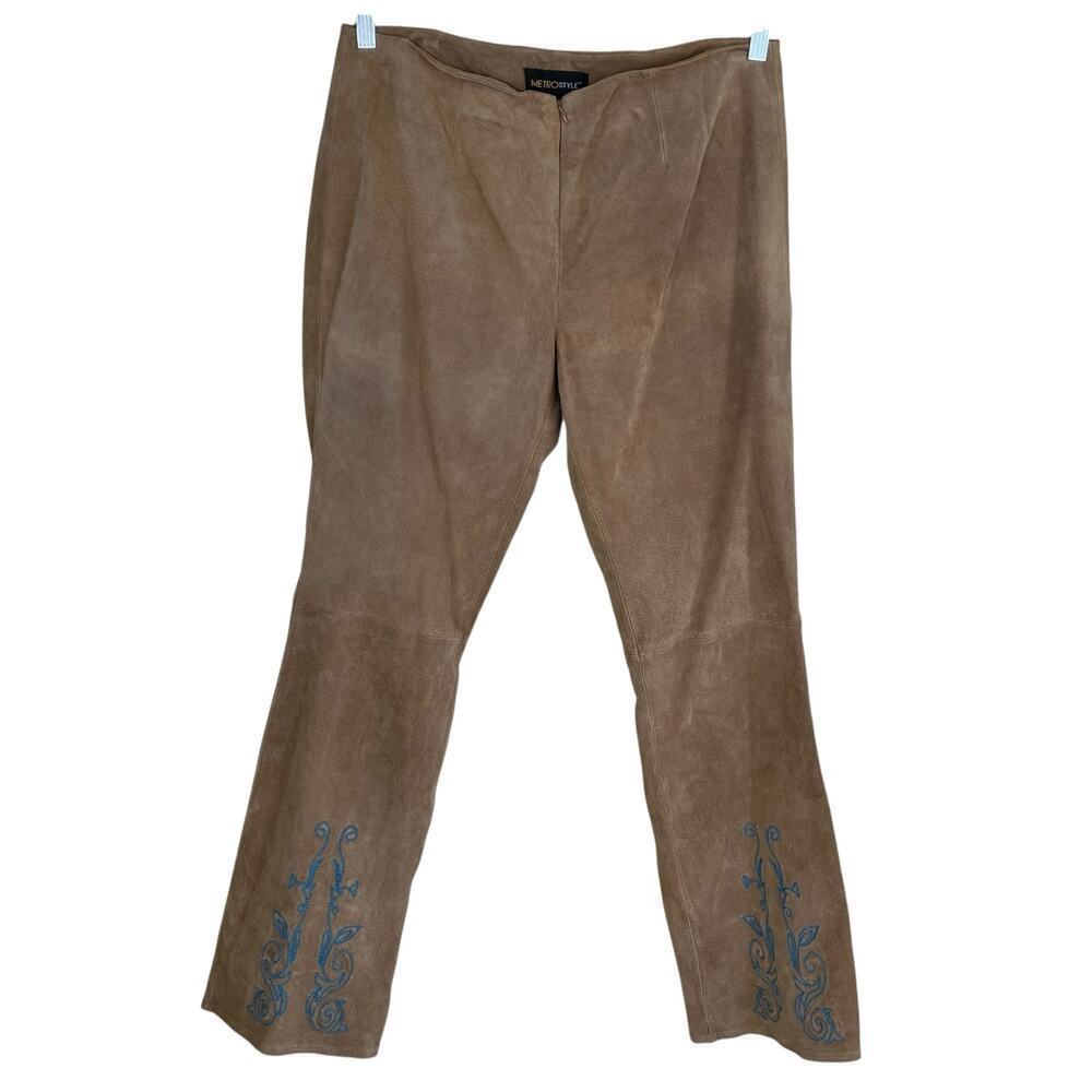 Metrostyle Vtg Y2K Western Embroidered Suede Pants Flared Tan Blue Sz 12